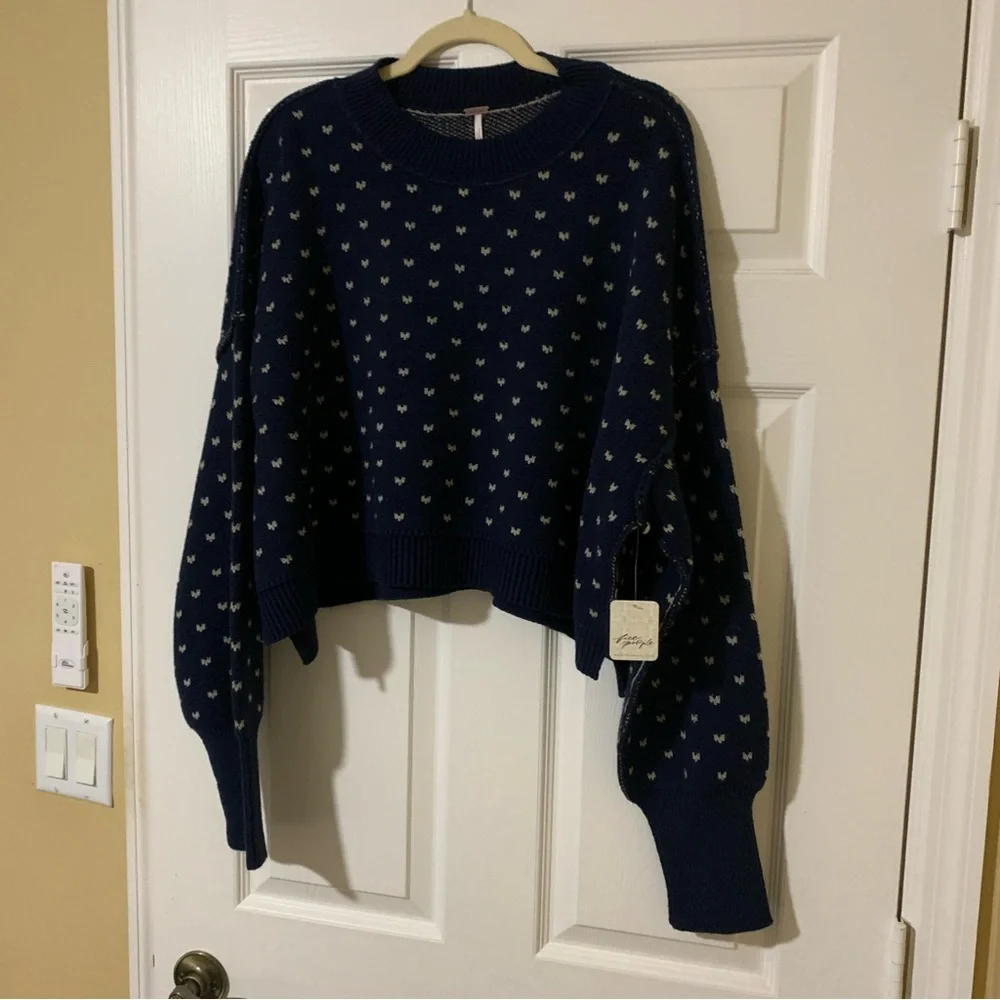NWT Free People Easy Street Patterned Crop Pullover‎ Blue and White Sweater